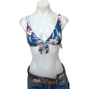Splendid Tropical Floral Bikini Top Blue XS Triangle Tie Front Coconut Girl NEW